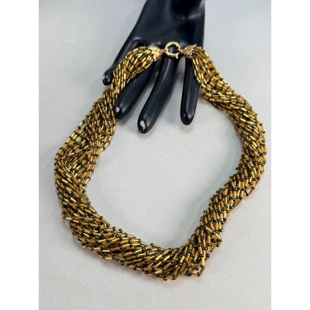Vintage Gold Bugle Bead Multi Strand Necklace Twisted Torsade Statement Jewelry
